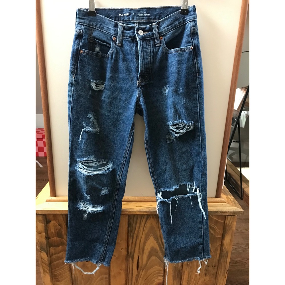 Old Navy Slouchy Straight Jeans Womens 0 Blue Distressed Button Fly